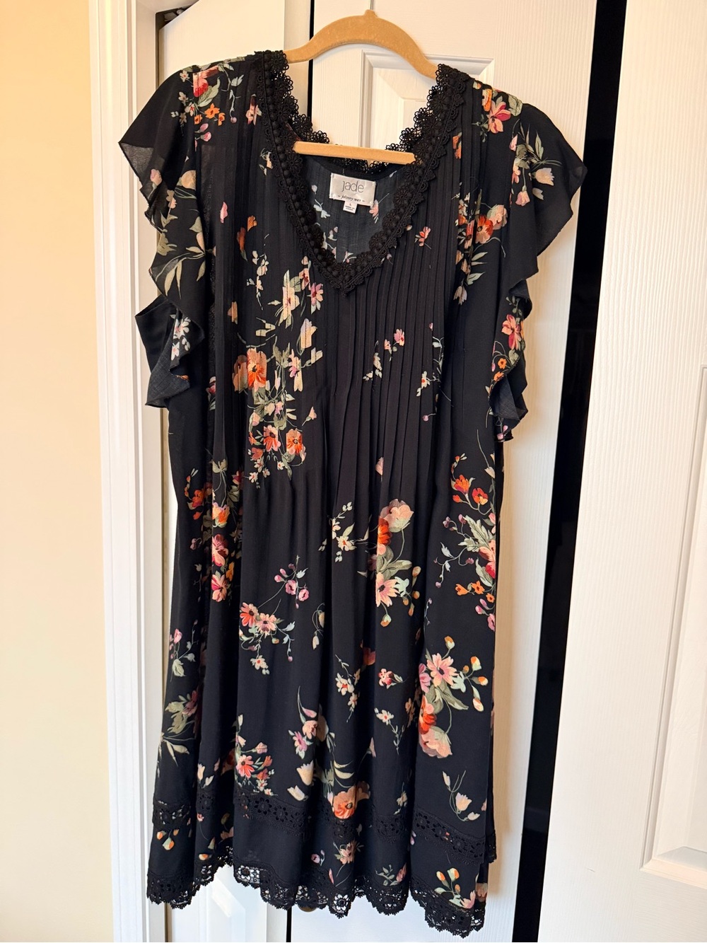 Johnny Was Black Floral V-Neck Ruffle Sleeve Dress